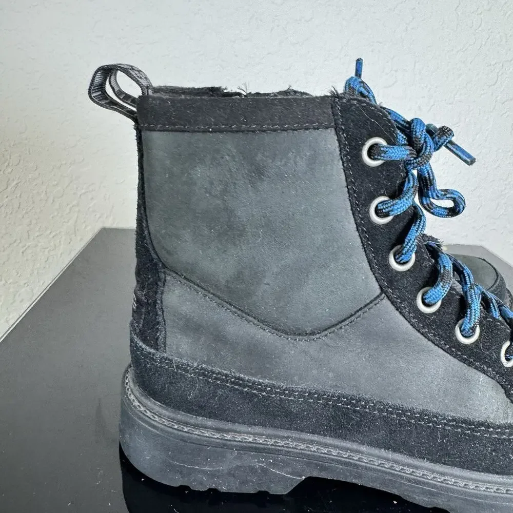 Ugg Robley Kids Waterproof Leather Boots Shoes 2 Black Blue Laces Zip Suede EUC
